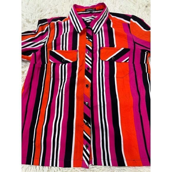 Orange, black, pink, and white striped long sleeve vintage blouse by Notations s - Picture 2 of 6